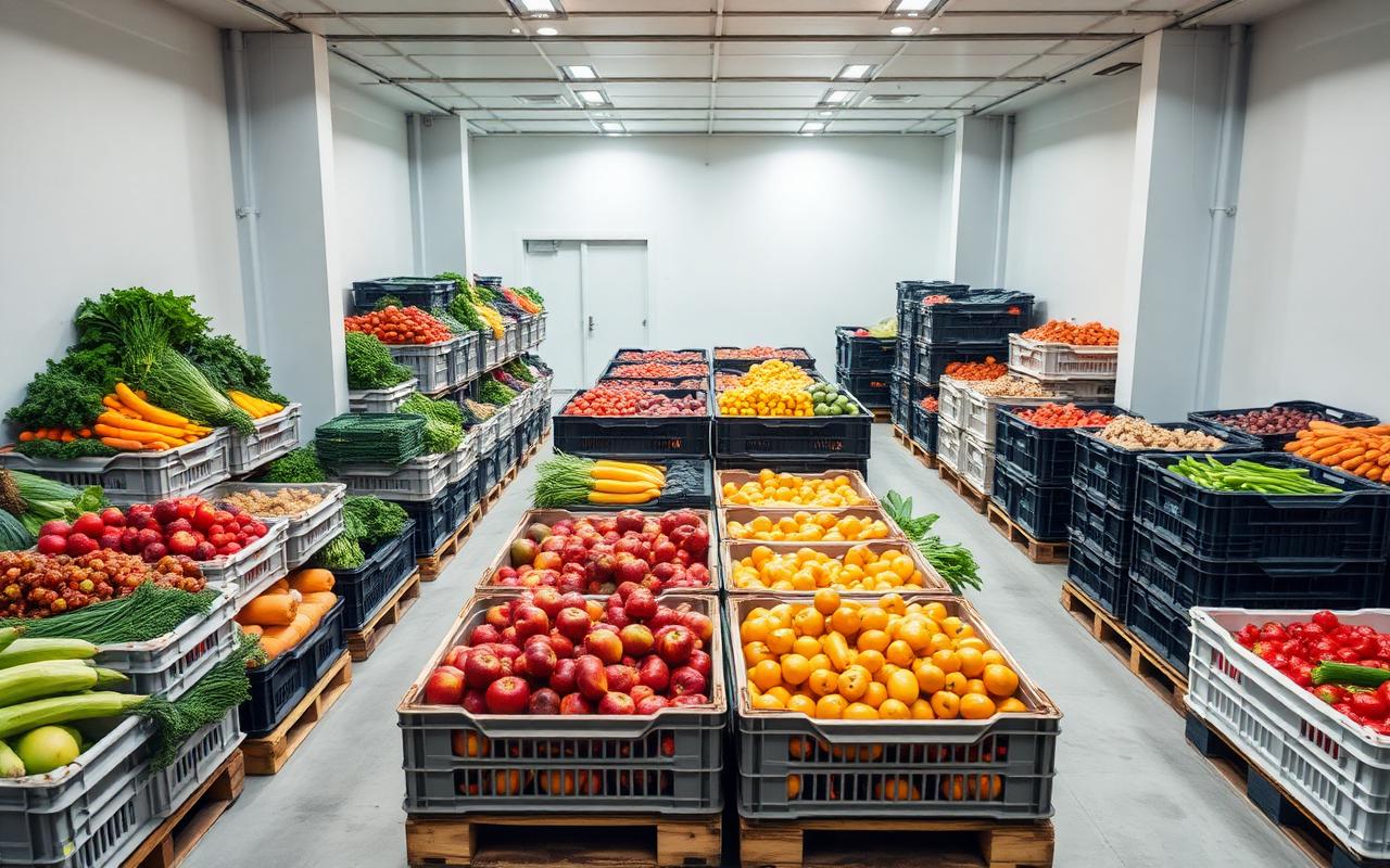 Crates of fresh produce in a refrigerated logistics environment